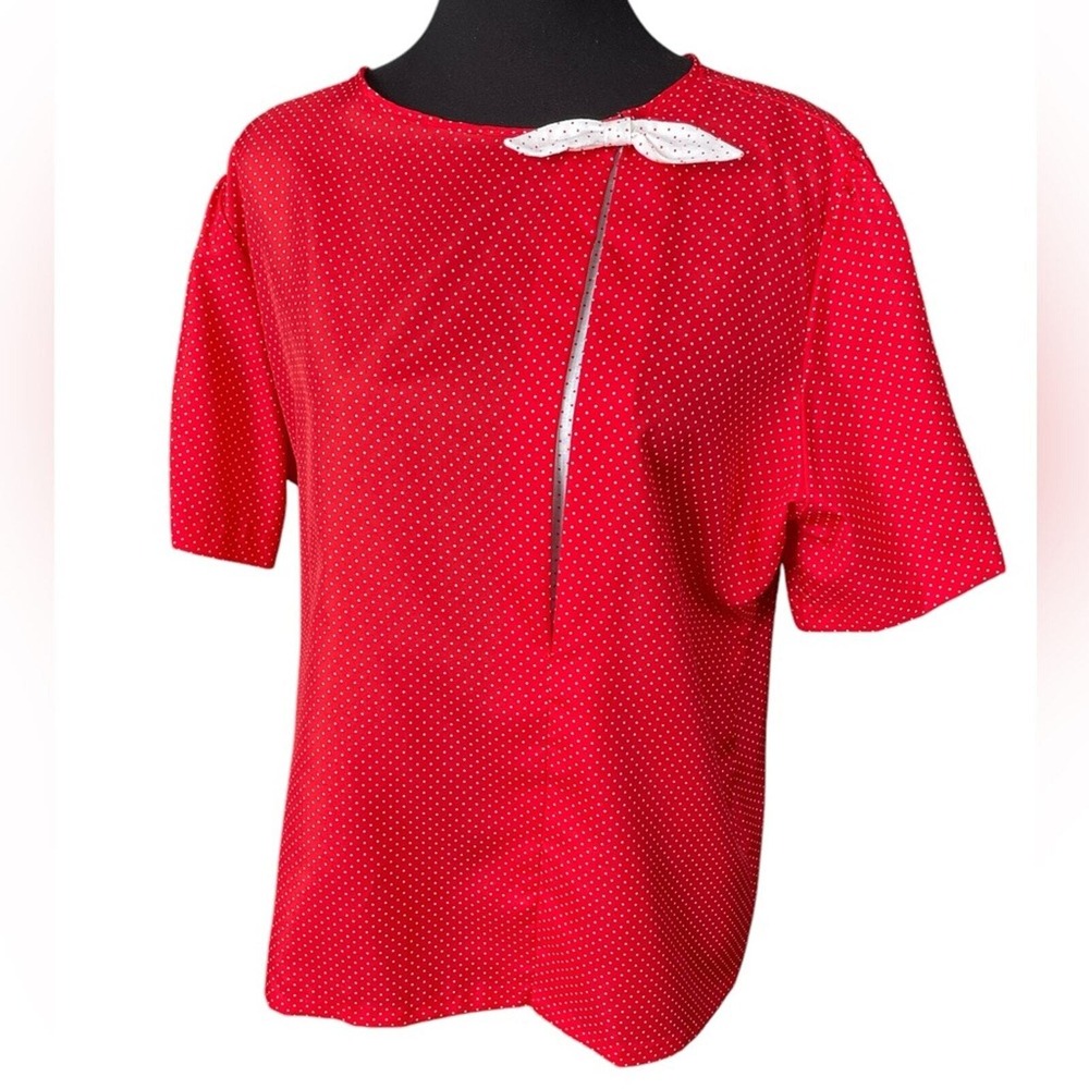 Vintage Gailord Red And White Polka Dot Blouse With Bow At Neck, Size 18 (XL)